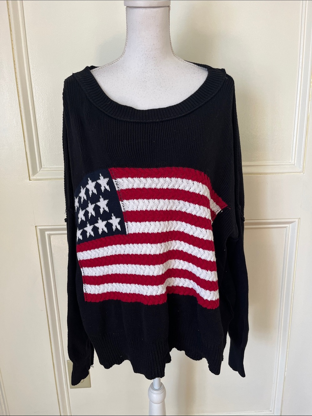 Miracle Black Off-Shoulder Sweater with Red, White & Blue Flag